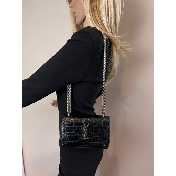 Saint Laurent Black Leather Sunset Wallet on a Chain Crocodile Embossed Bag - Picture 7 of 15